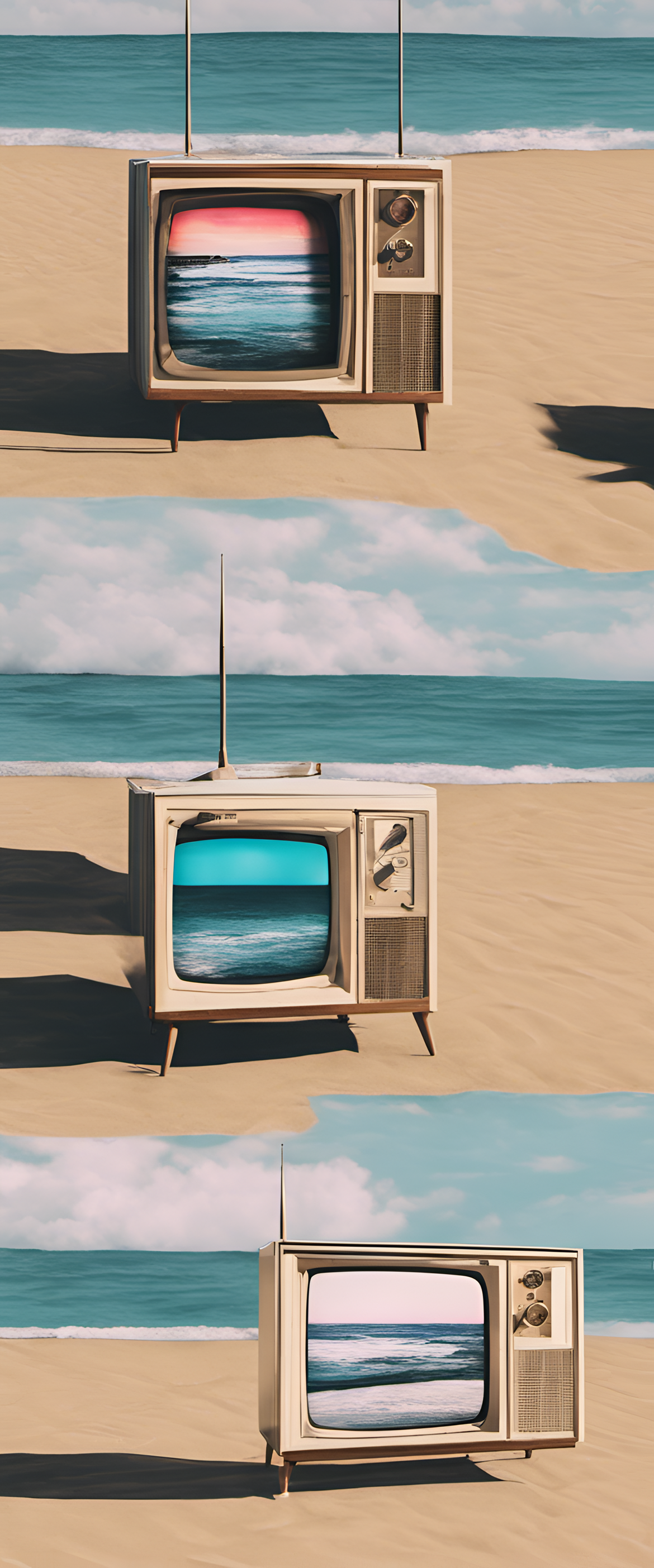 Vintage beach sunset with glitch effect.