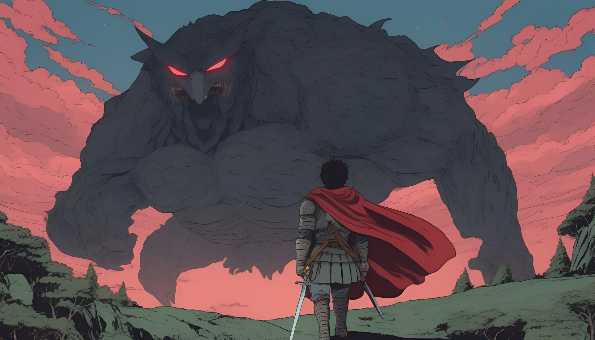 Studio Ghibli-inspired artwork of a scene from the manga Berserk.