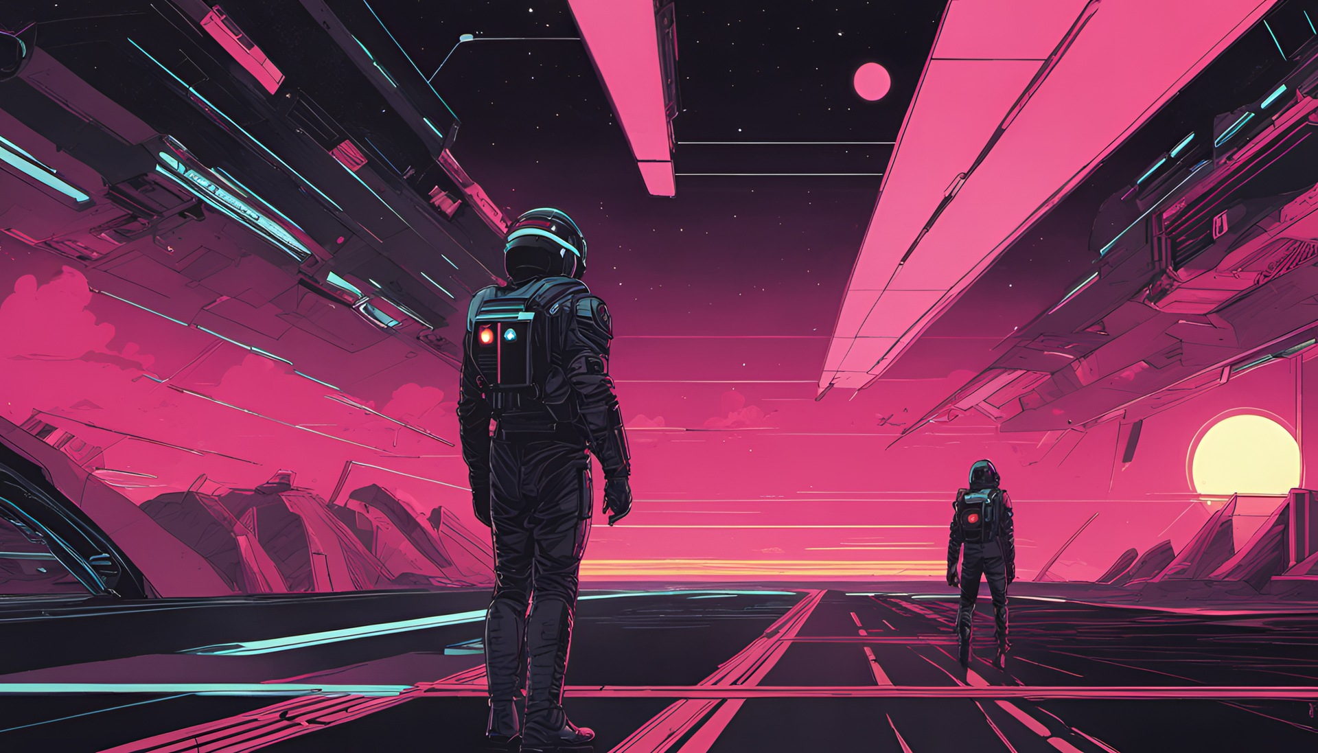 Black aesthetic: Vibrant 80's sci-fi art-inspired wallpaper for desktop.