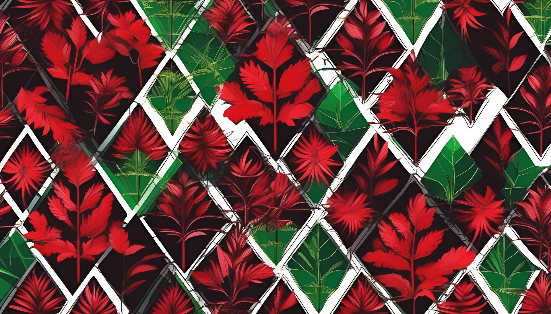 Vibrant red and green colors burst against a black background in this eye-catching desktop wallpaper.