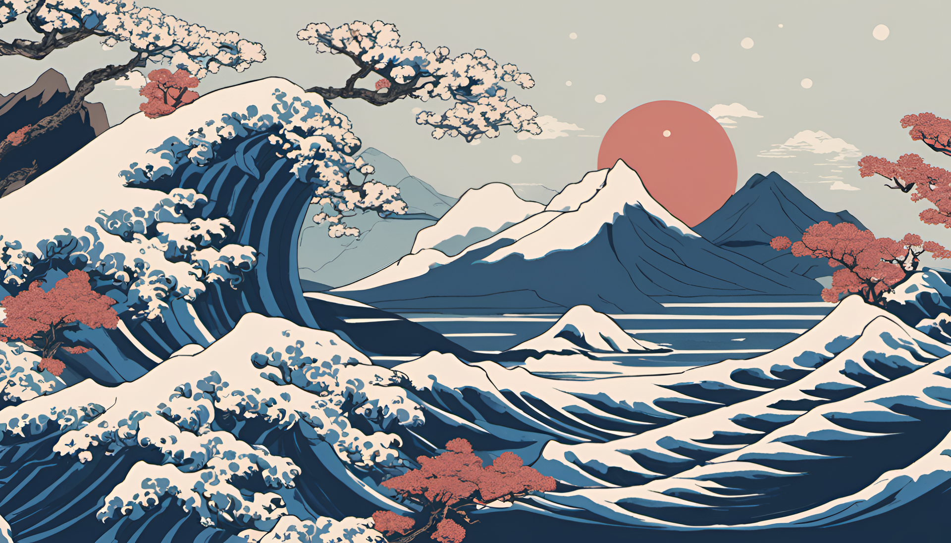 Ukiyo-e inspired Japanese blue wave art