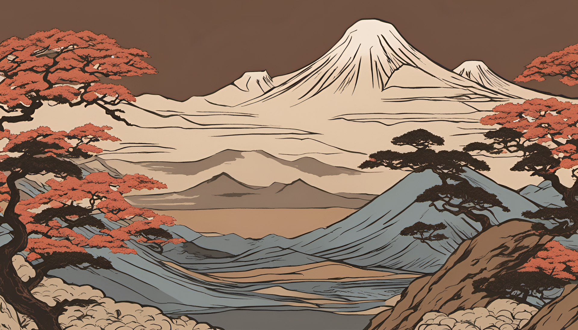 Brown ukiyo-e-inspired desktop wallpaper.