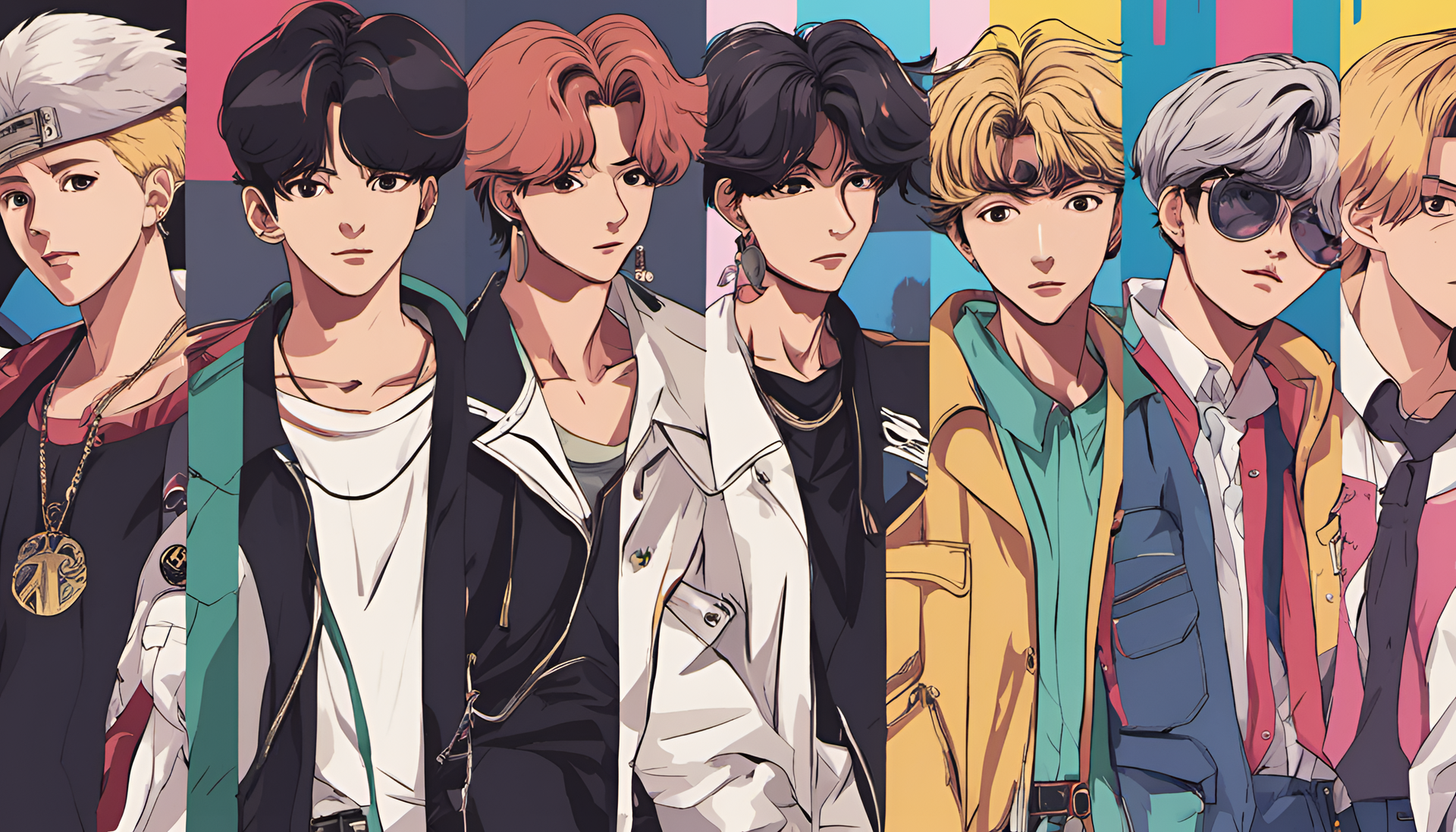 BTS members in 1990s anime style wallpaper.