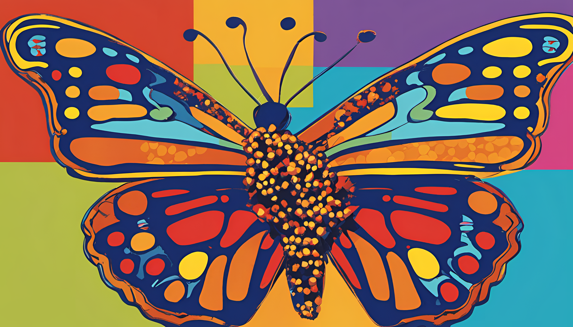 A vibrant pop art butterfly in vivid colors.