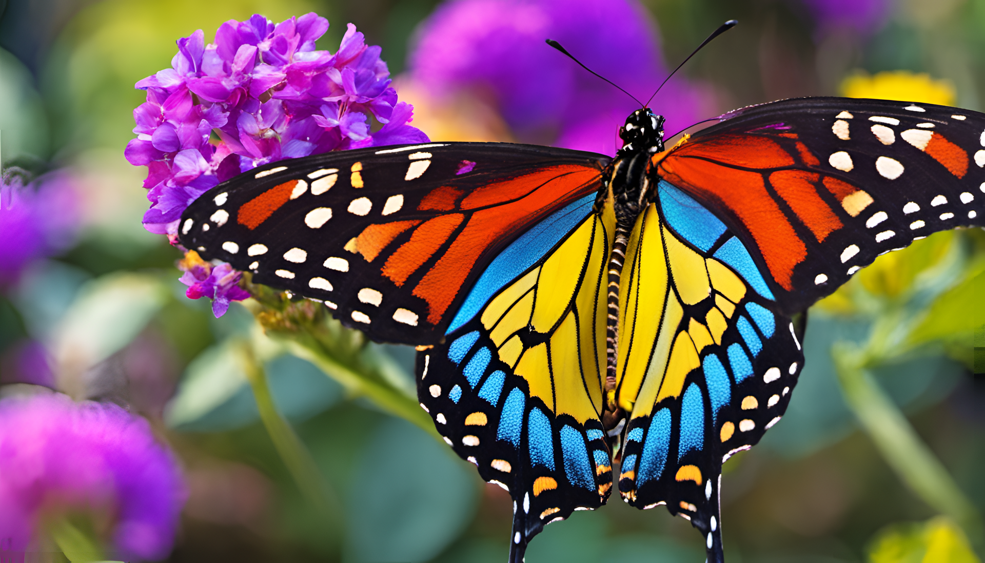 Colorful butterfly taking flight on a vibrant background.