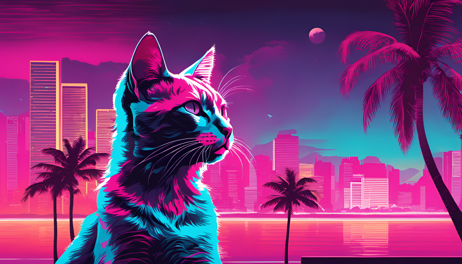 Glamorous synthwave Miami-style cat on HD desktop wallpaper.