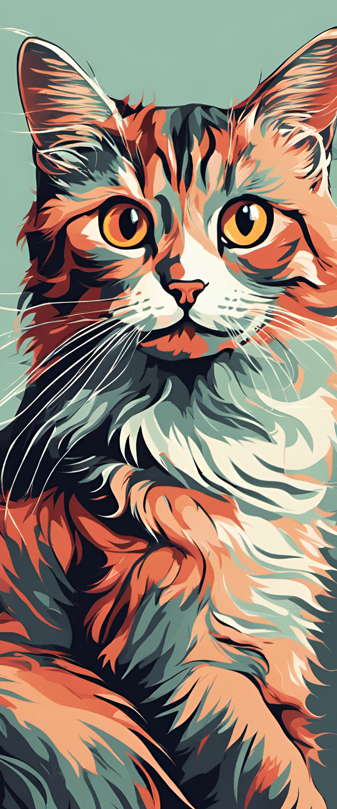 Cat wallpaper with a charming feline surrounded by colorful patterns.