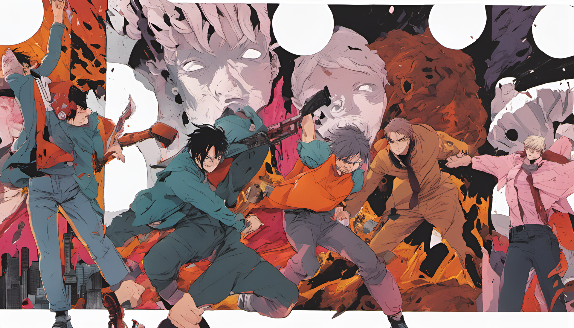 Colorful artwork featuring Chainsaw Man engaged in a dynamic clash.