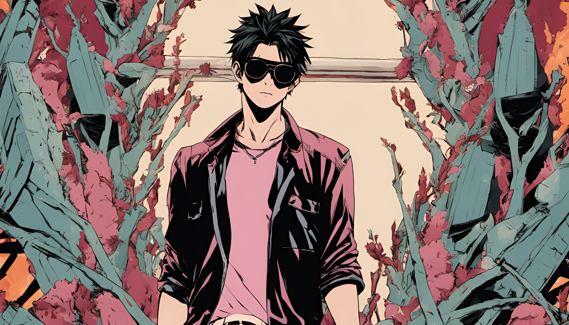 Chainsaw Man wearing stylish sunglasses in a vibrant wallpaper.