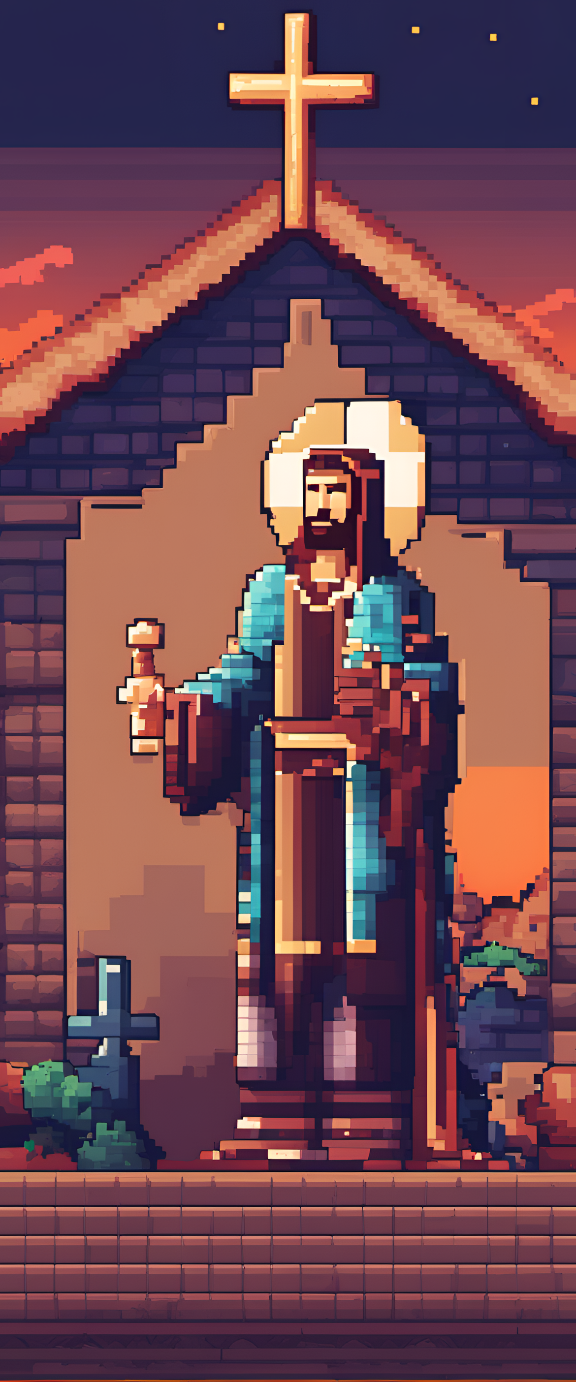 Colorful pixel art of a Christian cross set as a wallpaper.