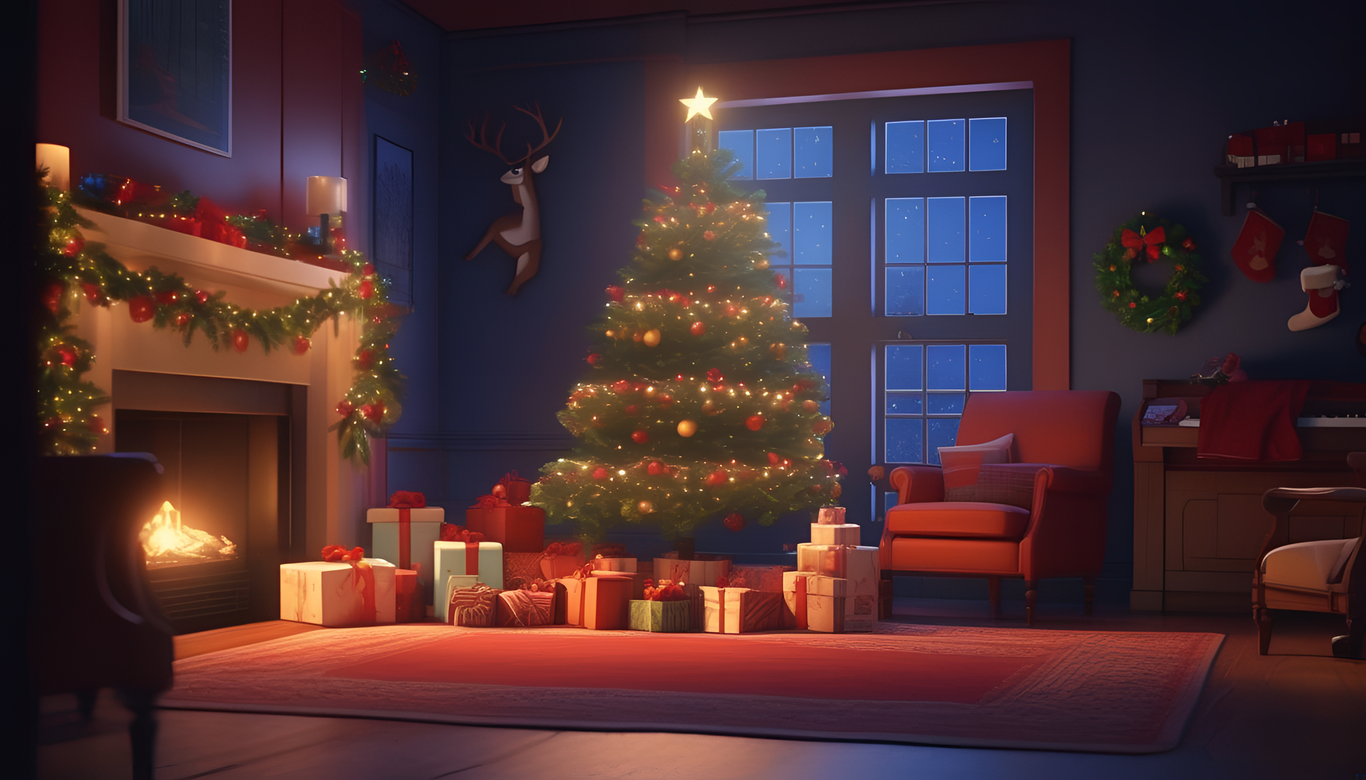 Festive holiday scene with animated winter landscape and warm glowing lights.