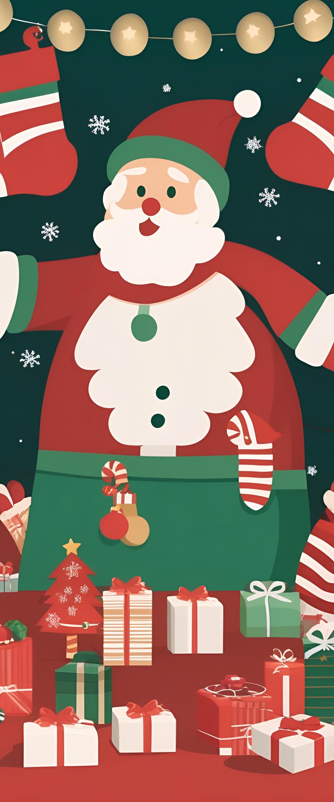 Christmas-themed phone wallpaper with festive lights and snowflakes.