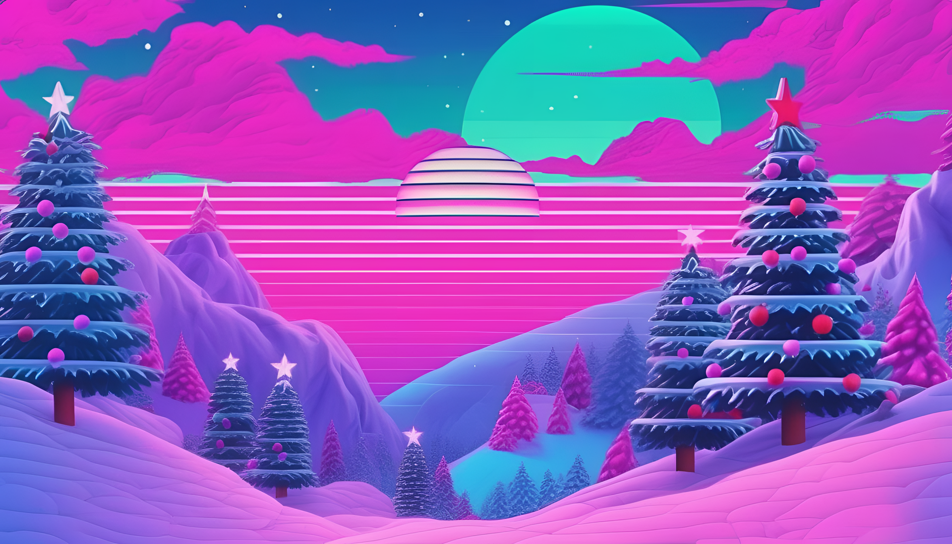 Vaporwave-inspired Christmas-themed desktop wallpaper