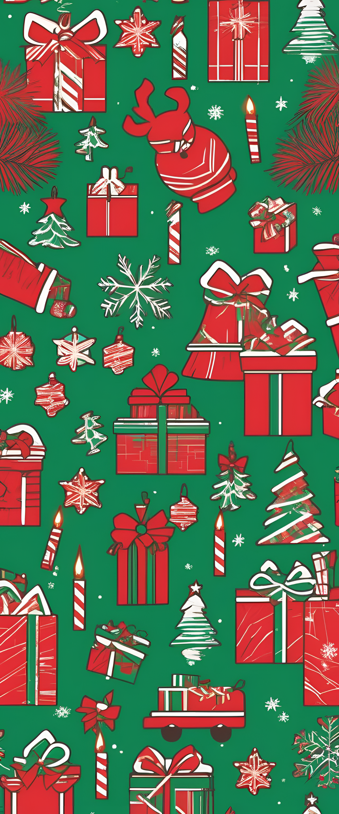 Festive 1980s-style holiday wallpaper with Christmas elements.