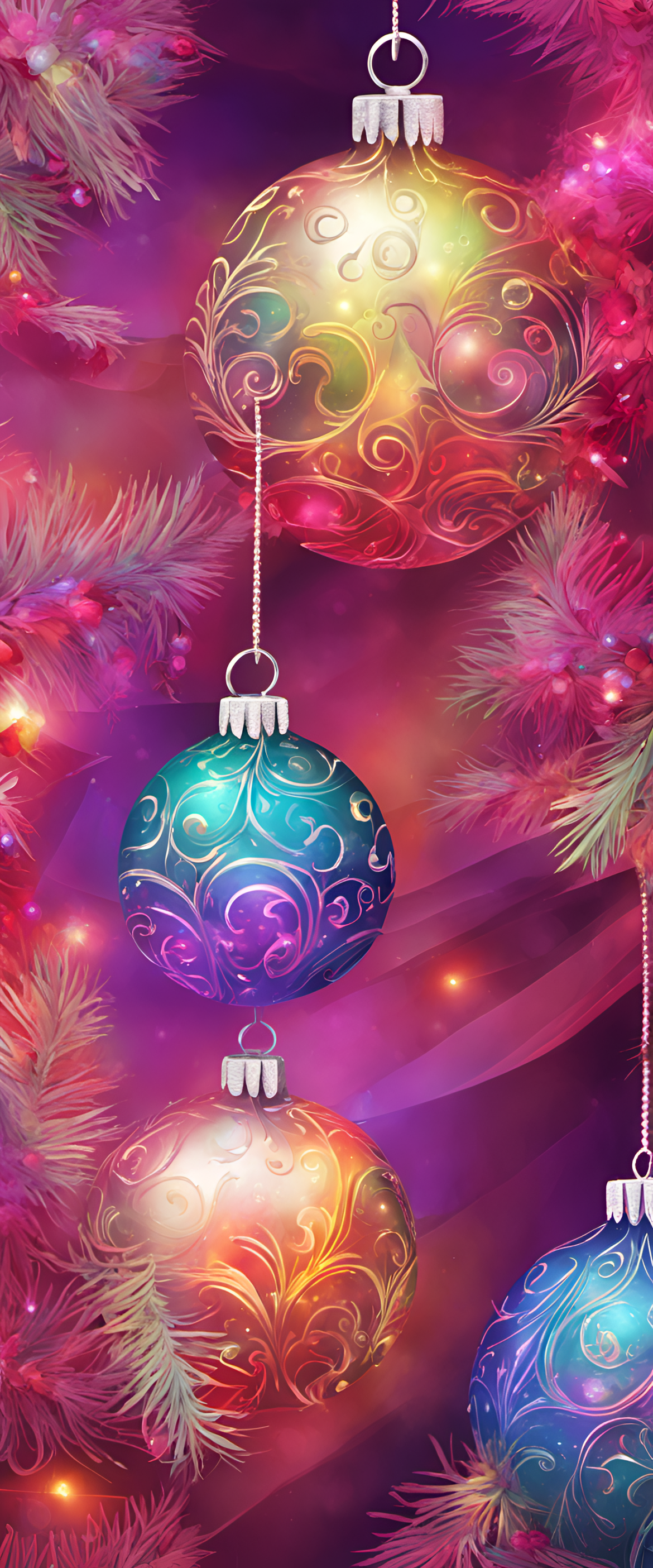 Colorful phantasmal iridescent wallpaper with a Christmas theme.