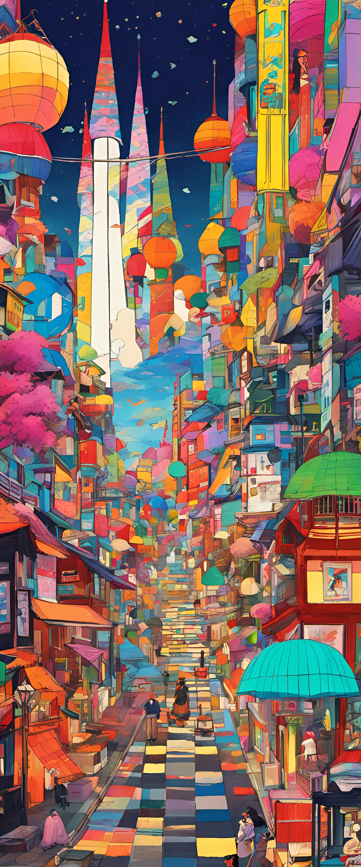 Colorful anime-inspired wallpaper with triadic hues and naive art style.