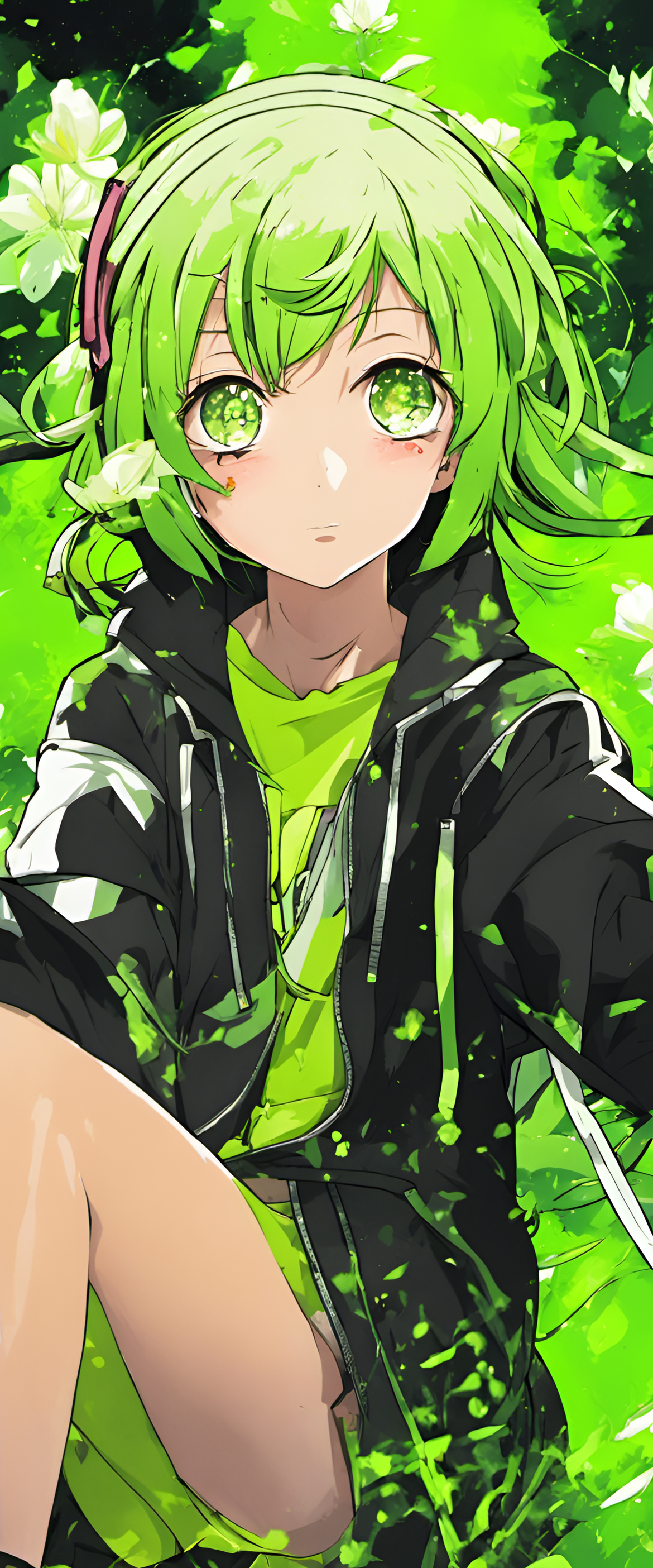 Acid green background with cool anime designs.