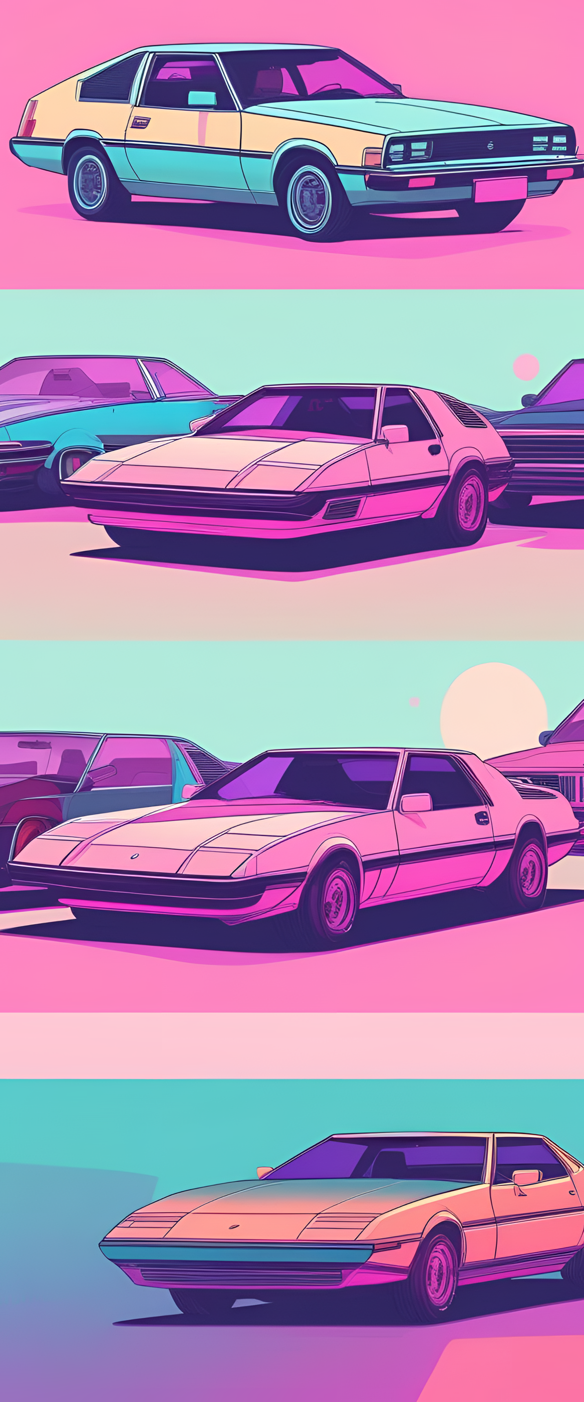 Retrowave pastel-colored wallpaper of cool cars.