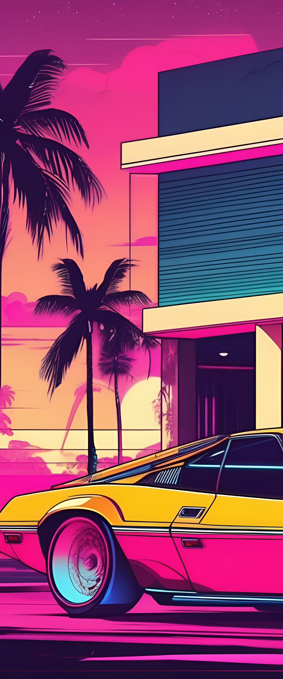 Glamorous sunset drive in a vibrant synthwave 80s Miami cityscape with sleek cool cars.