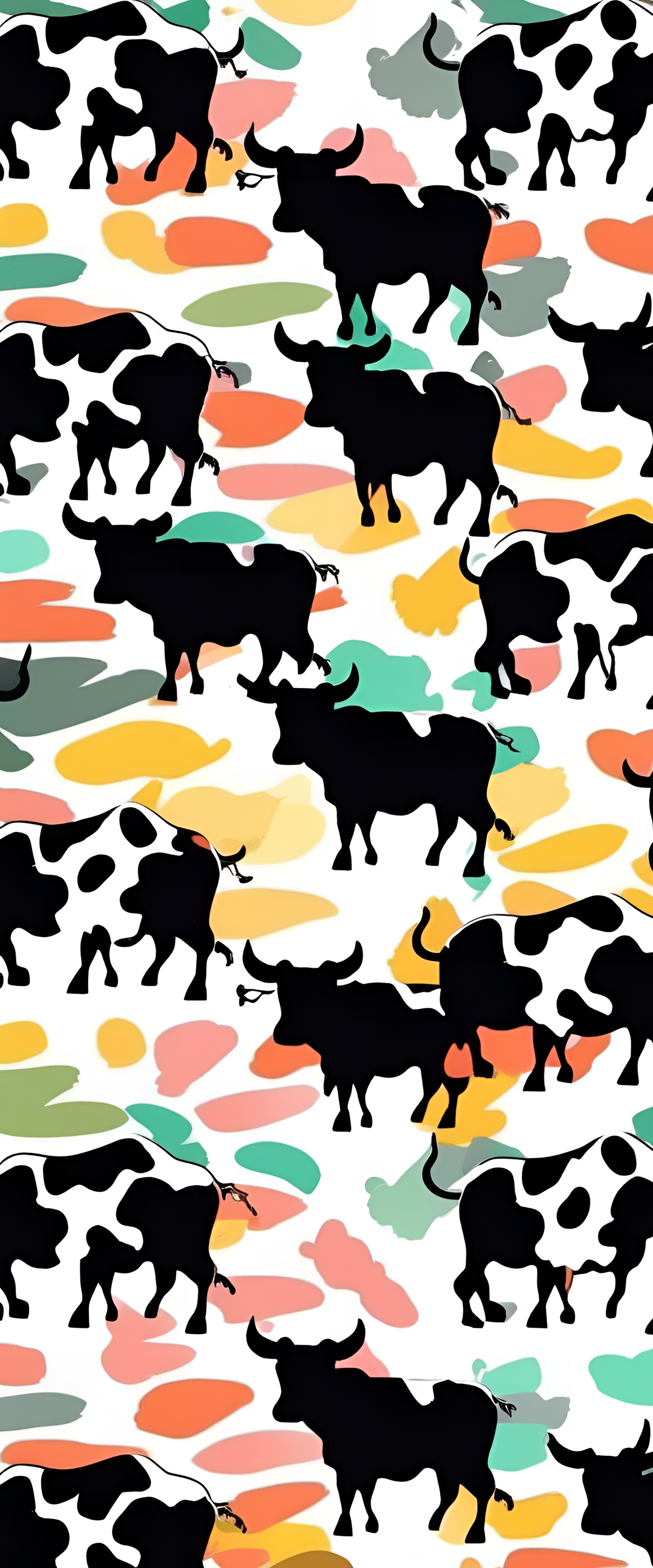 Complimentary colors in cow print wallpaper.