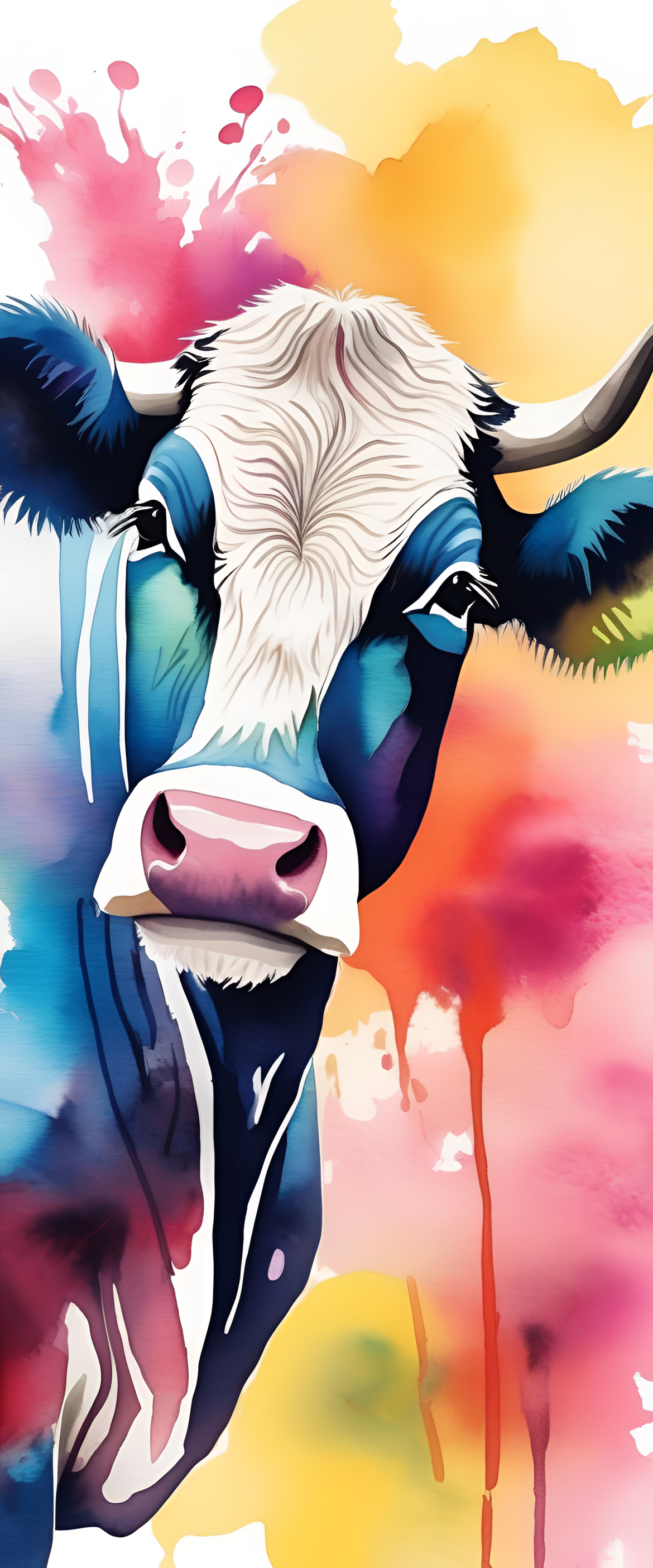 Colorful watercolor cow on vibrant background.