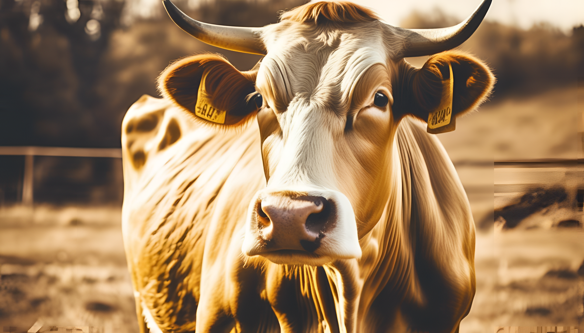 Golden-hued vintage-style cow wallpaper.