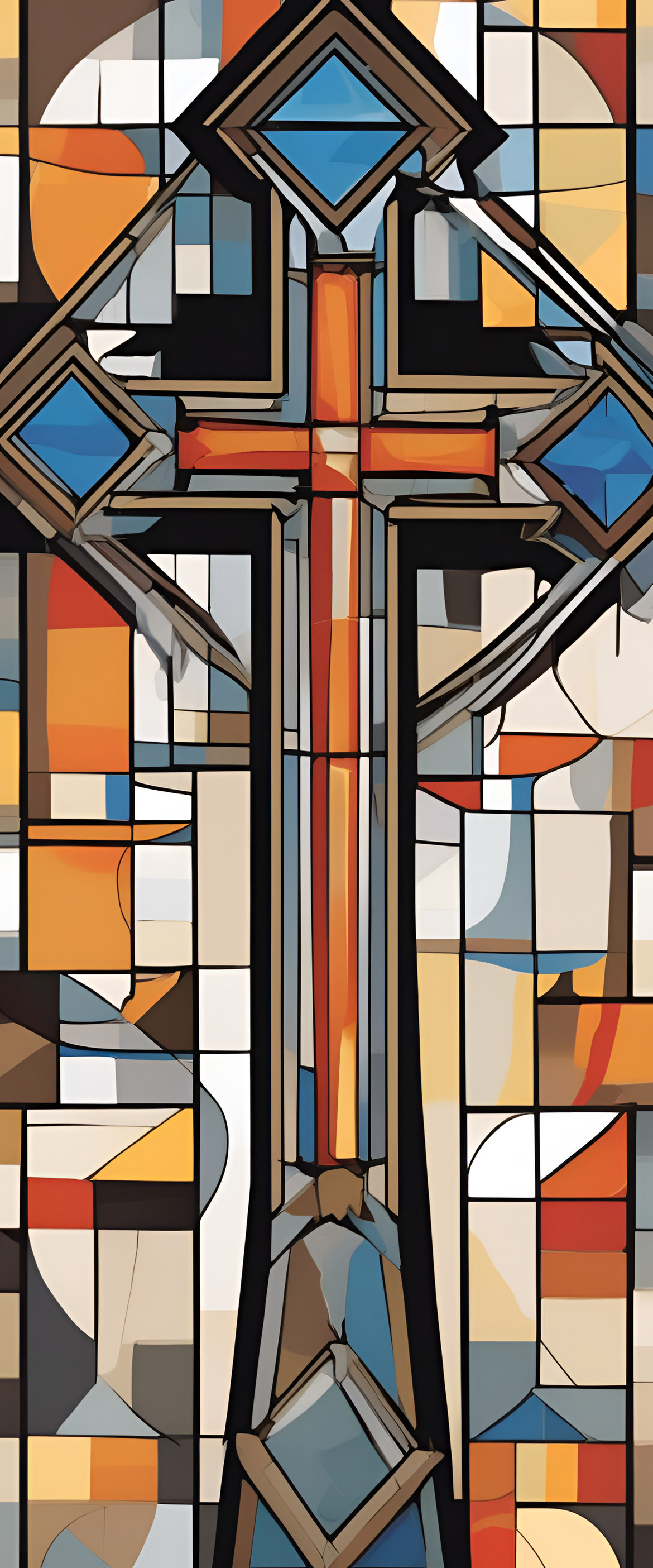 Abstract, cubist cross in vibrant colors on a phone wallpaper background