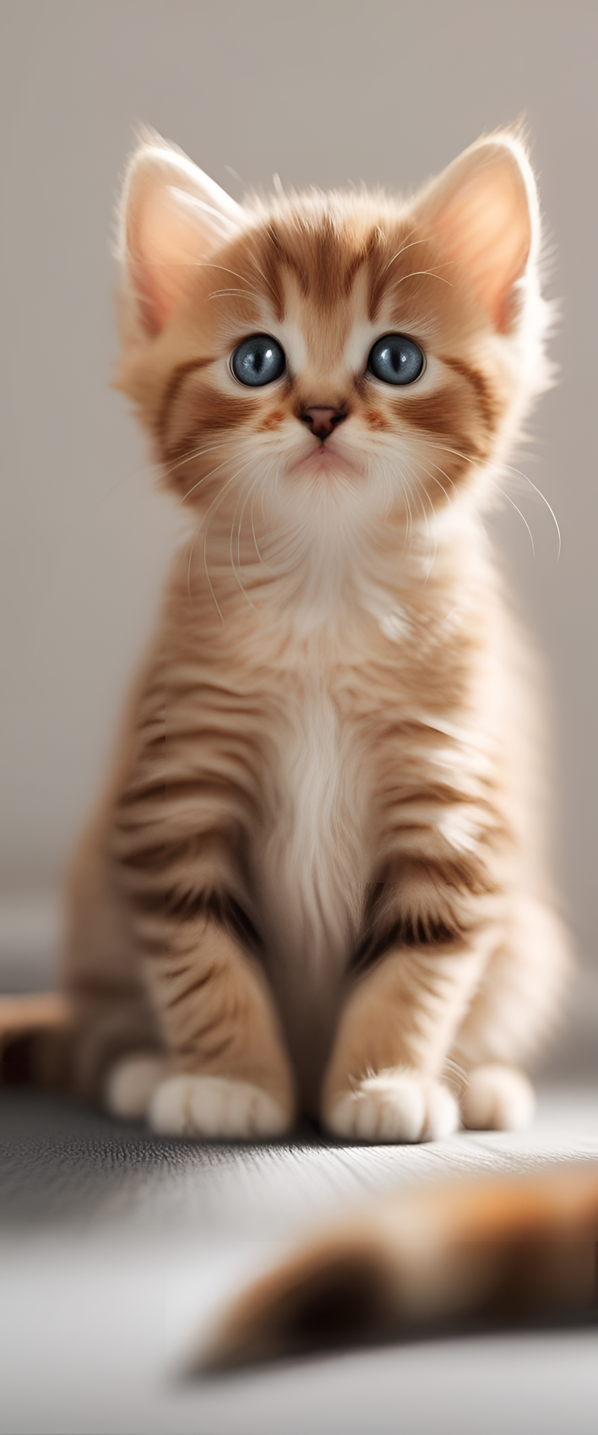 Cute cat sitting in colorful wallpaper pattern.