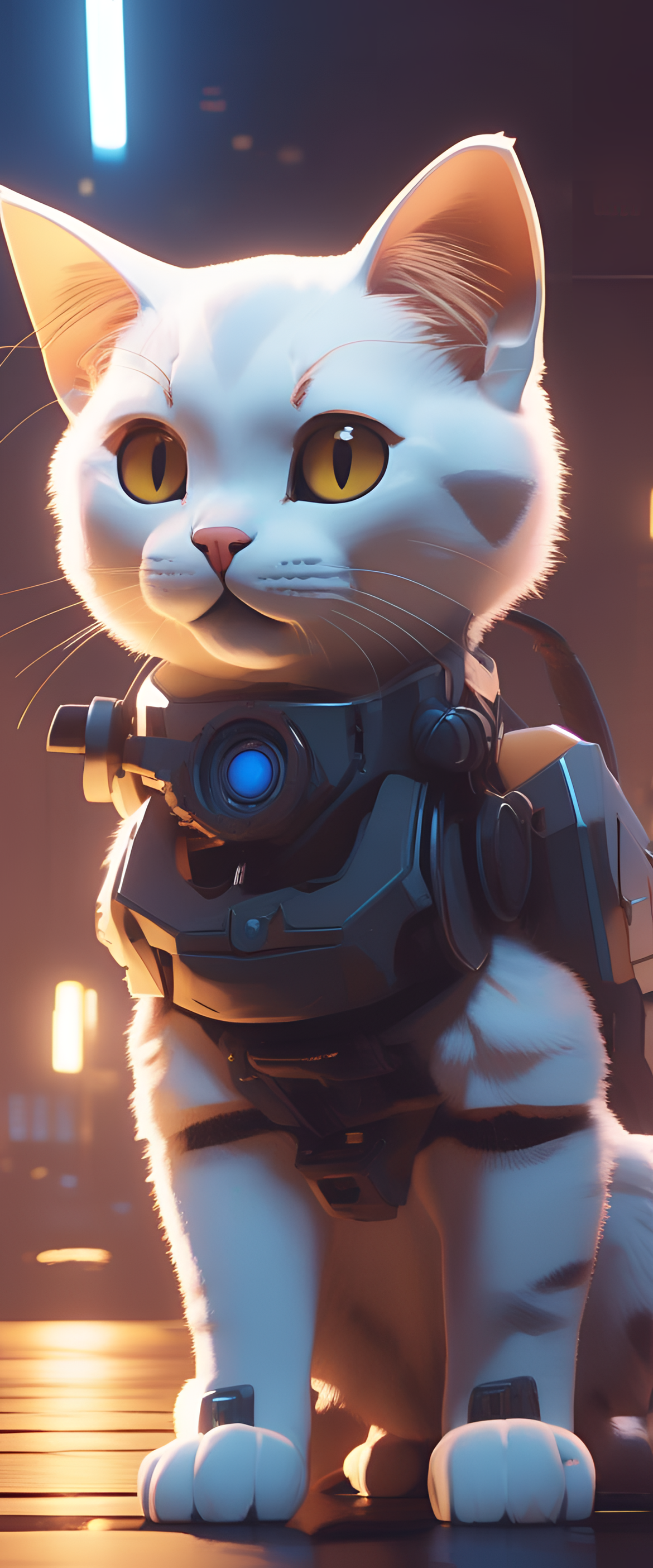 Cute cat with vibrant 90's mech anime style and cinematic lighting.