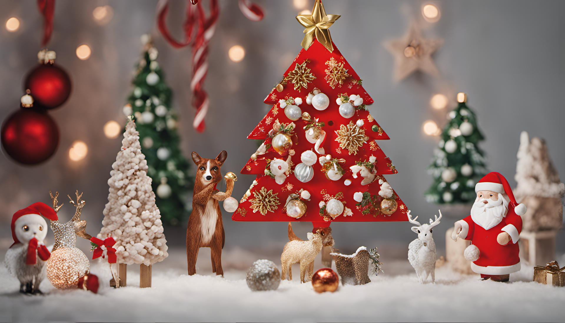 Festive holiday ornaments and decorations in a colorful and cute Christmas-themed composition.