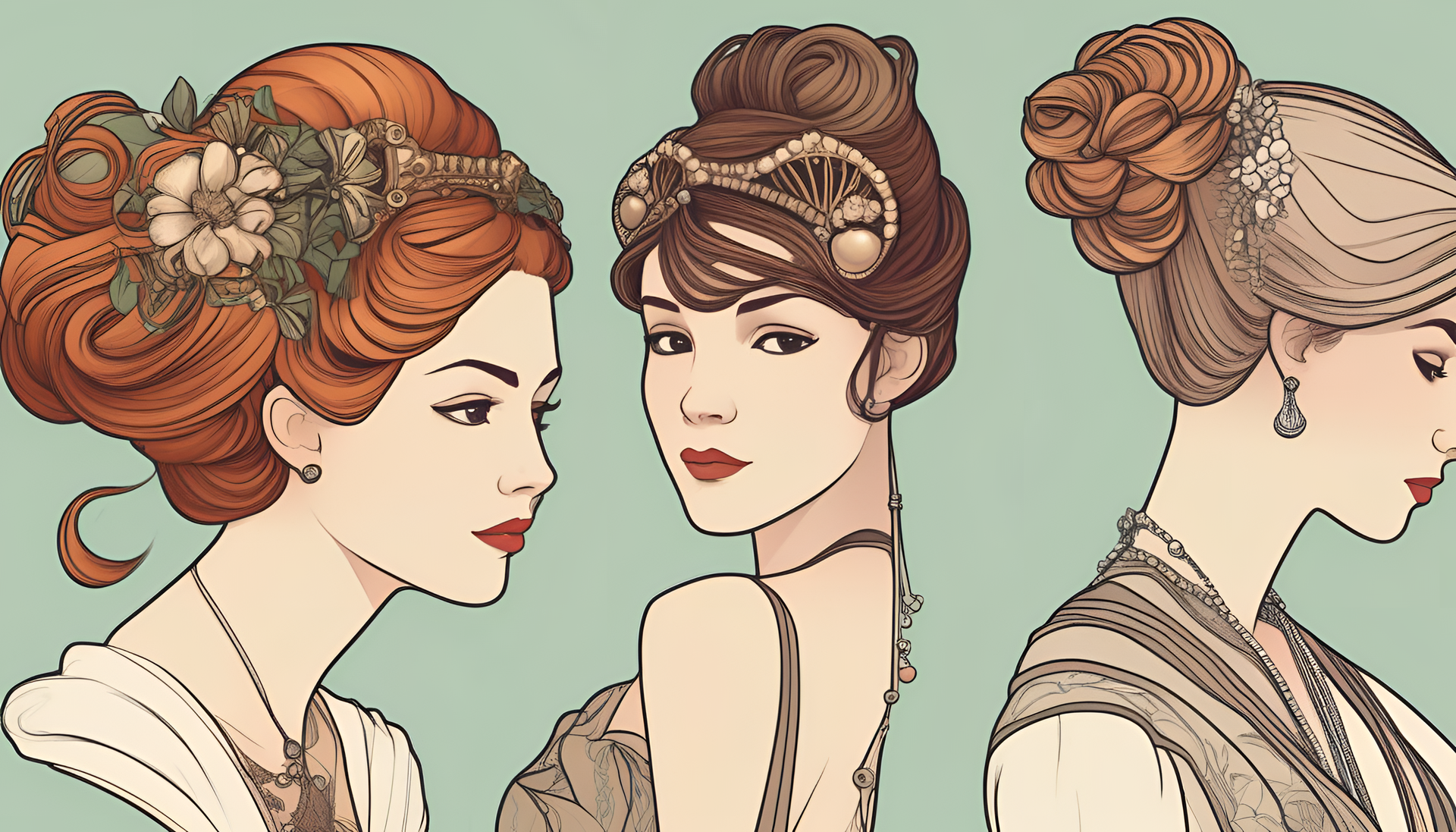 Art Nouveau-inspired cute hairstyles styled in a vibrant and intricate design.