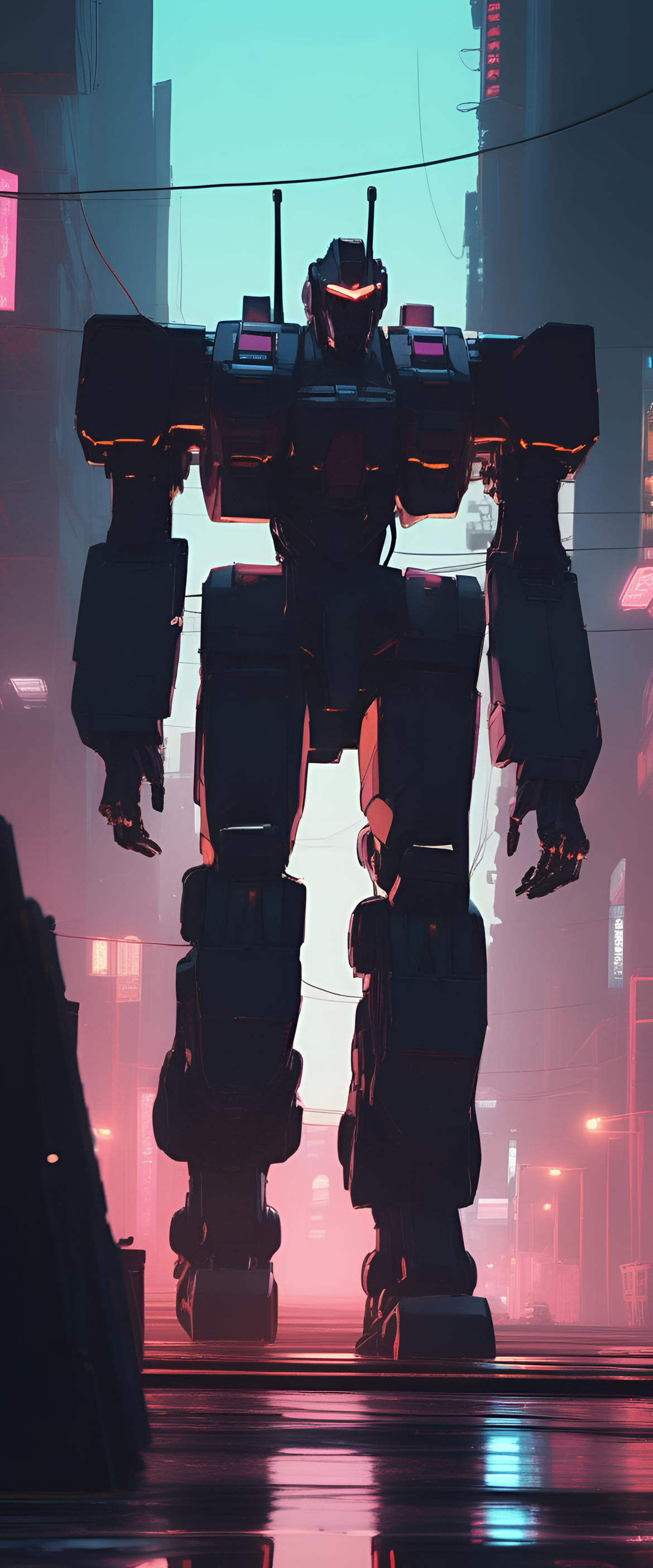 Dark futuristic cityscape with neon lights, towering skyscrapers, and a humanoid mech in the style of 90's anime.