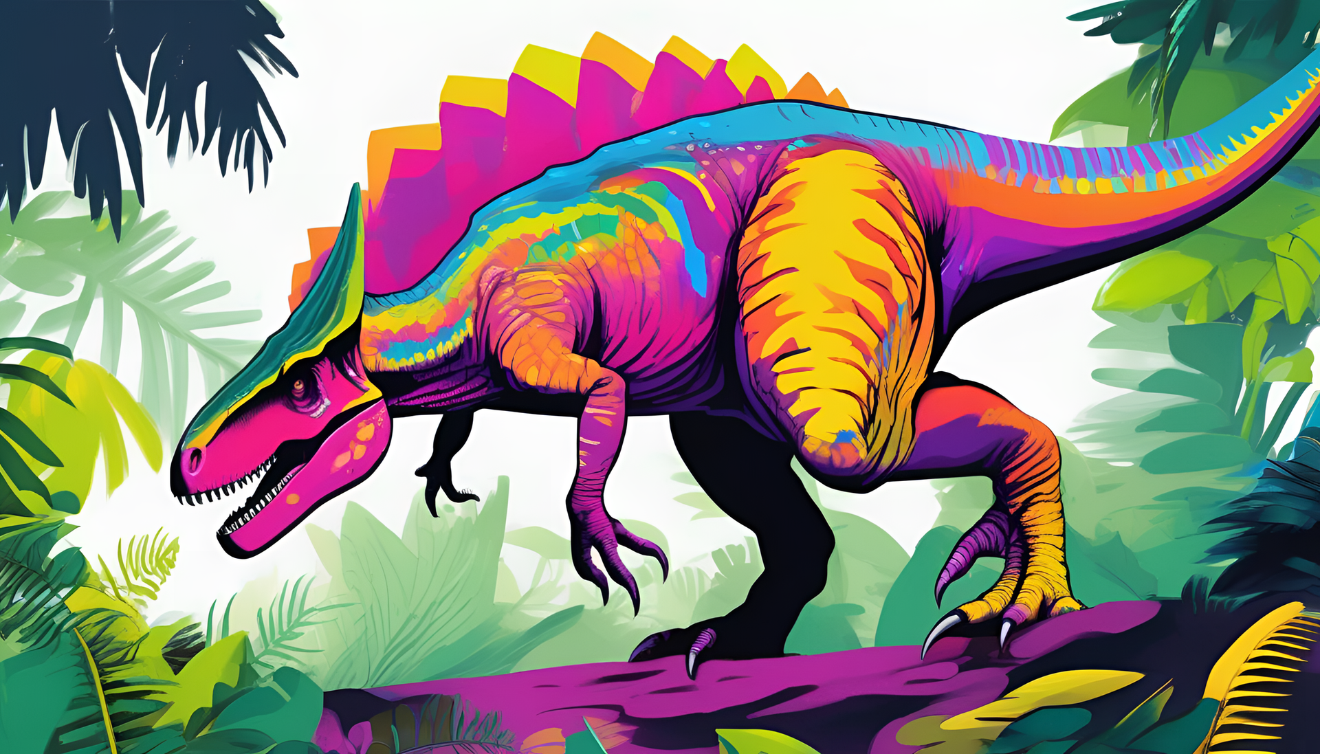 Vibrant dinosaur on a dynamic background.