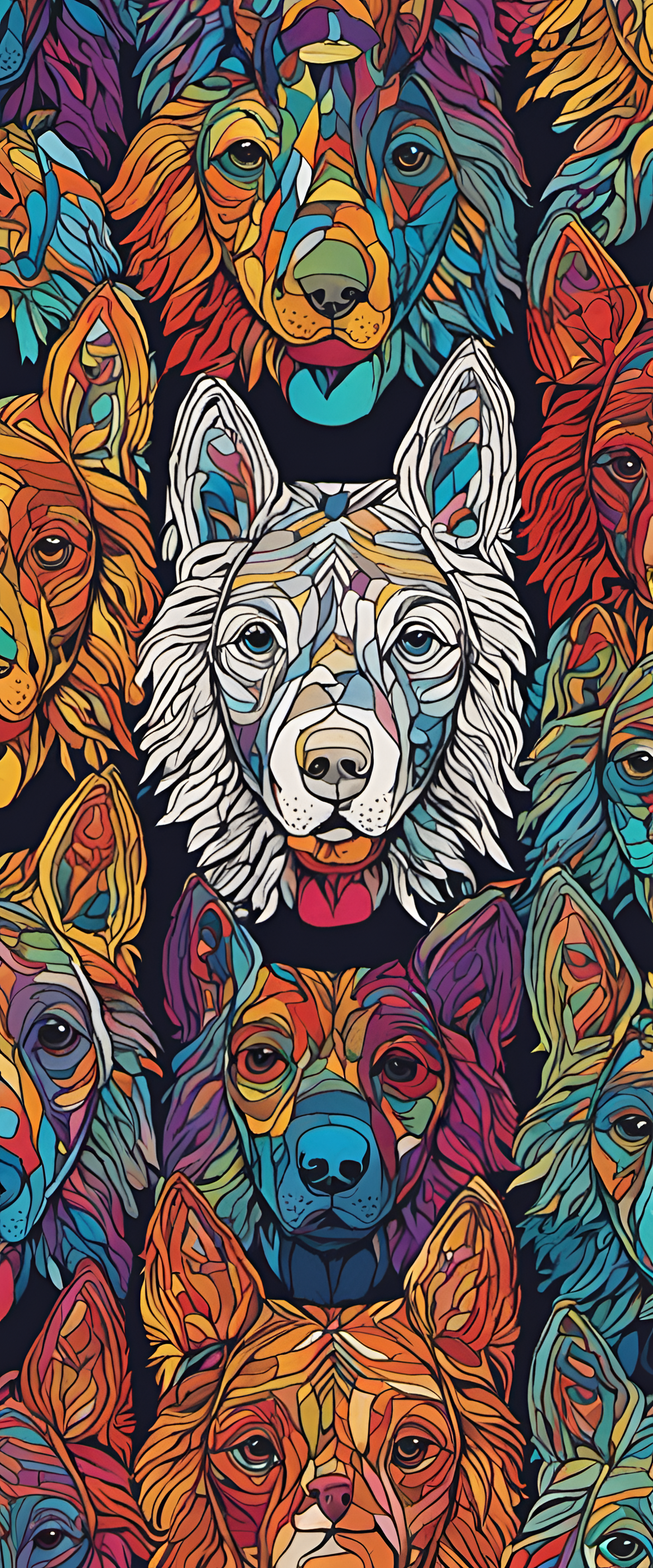 Intricately designed triadic colors form a vibrant dog-themed wallpaper.