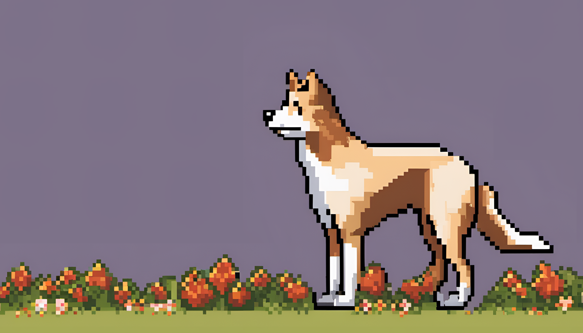 Pixel art dog with vibrant colors on a desktop wallpaper.