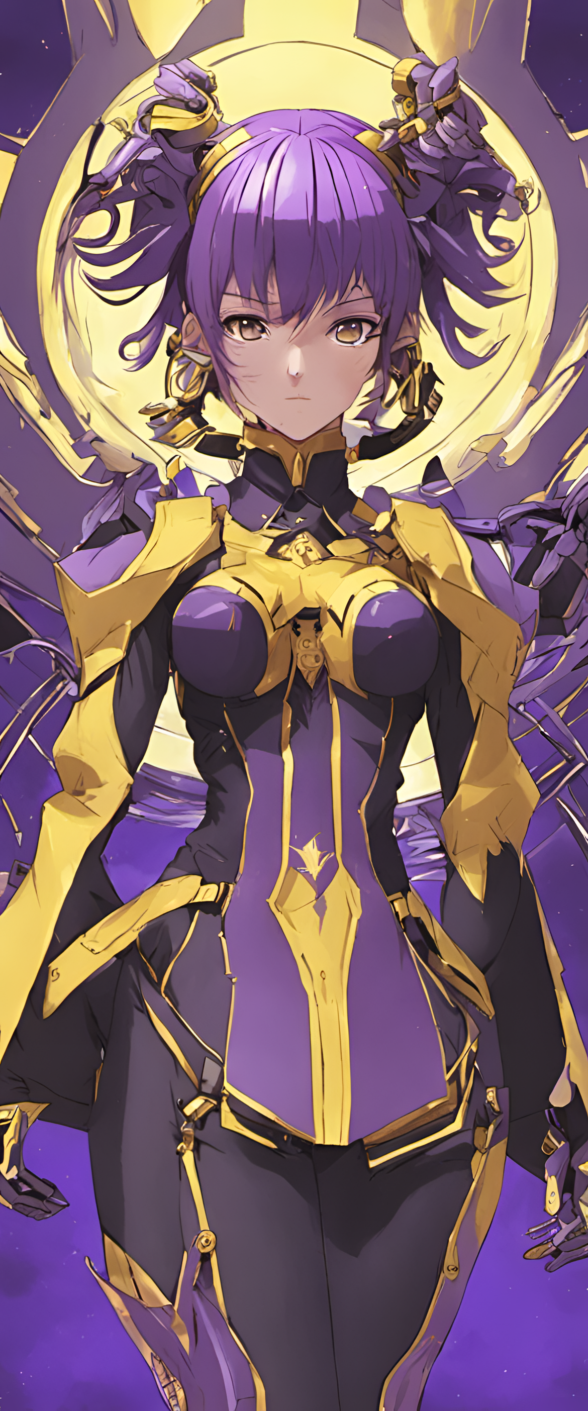 Anime character with purple and yellow color scheme.