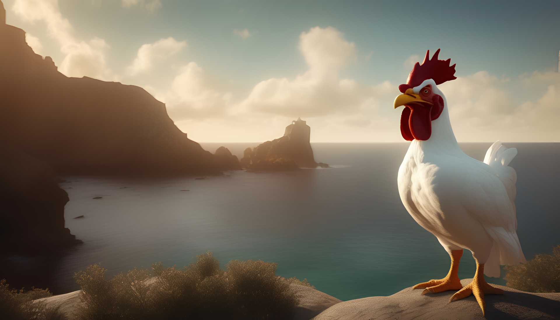 Surreal portrait of Foghorn Leghorn illuminated by cinematic lighting.