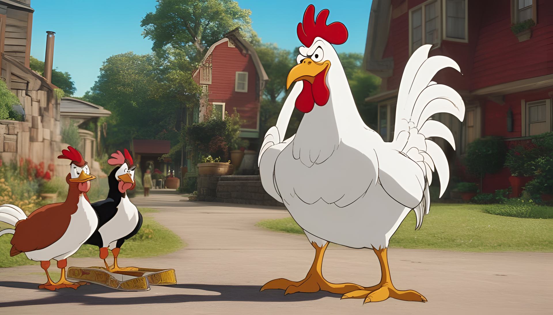 Foghorn Leghorn standing confidently in a movie still backdrop.