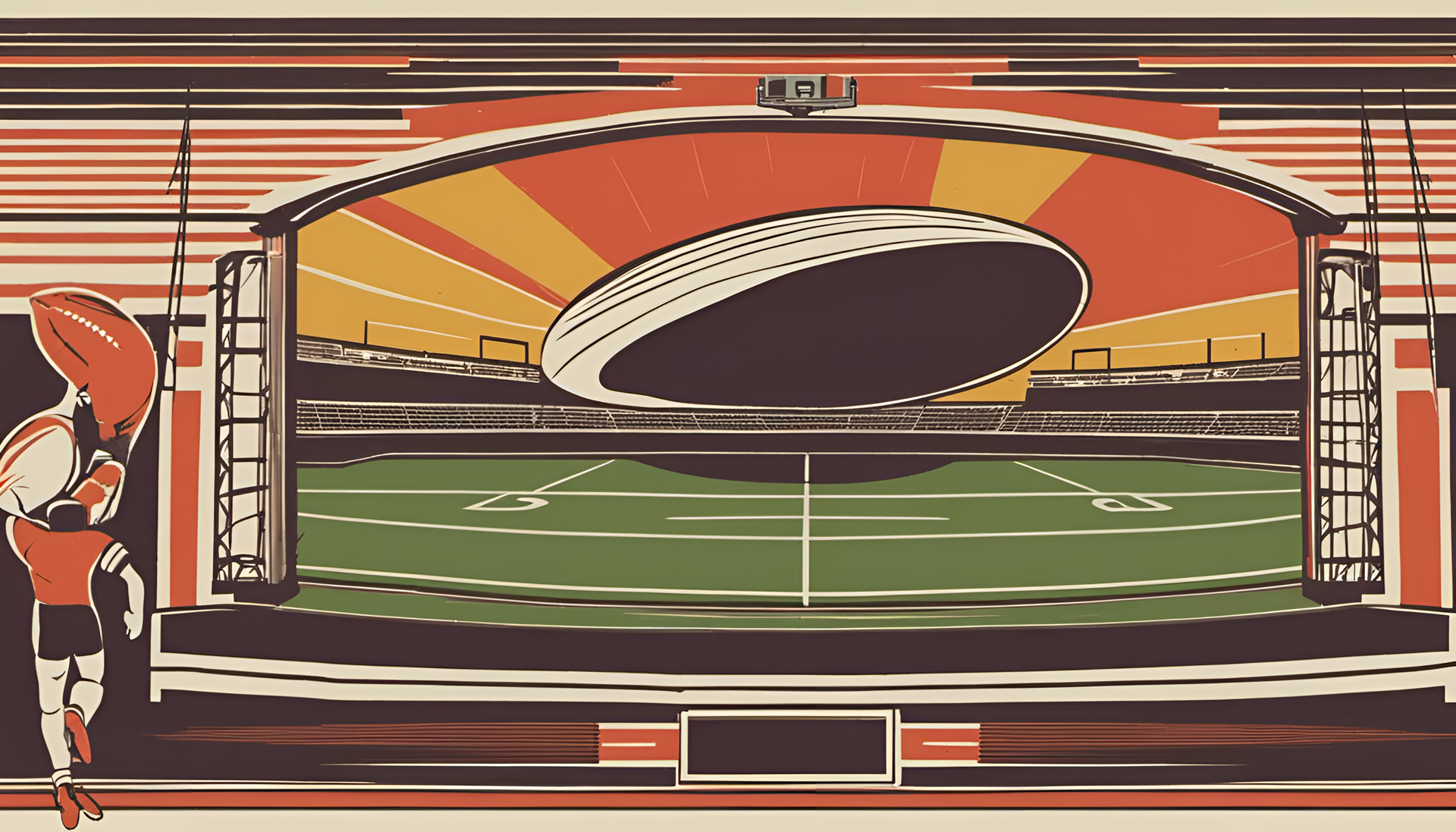 Retro football stadium with vibrant colors and players in action.