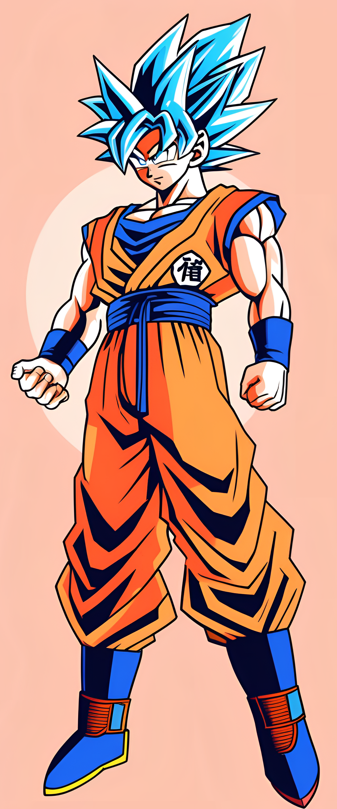 Goku standing confidently on a pastel-colored background.