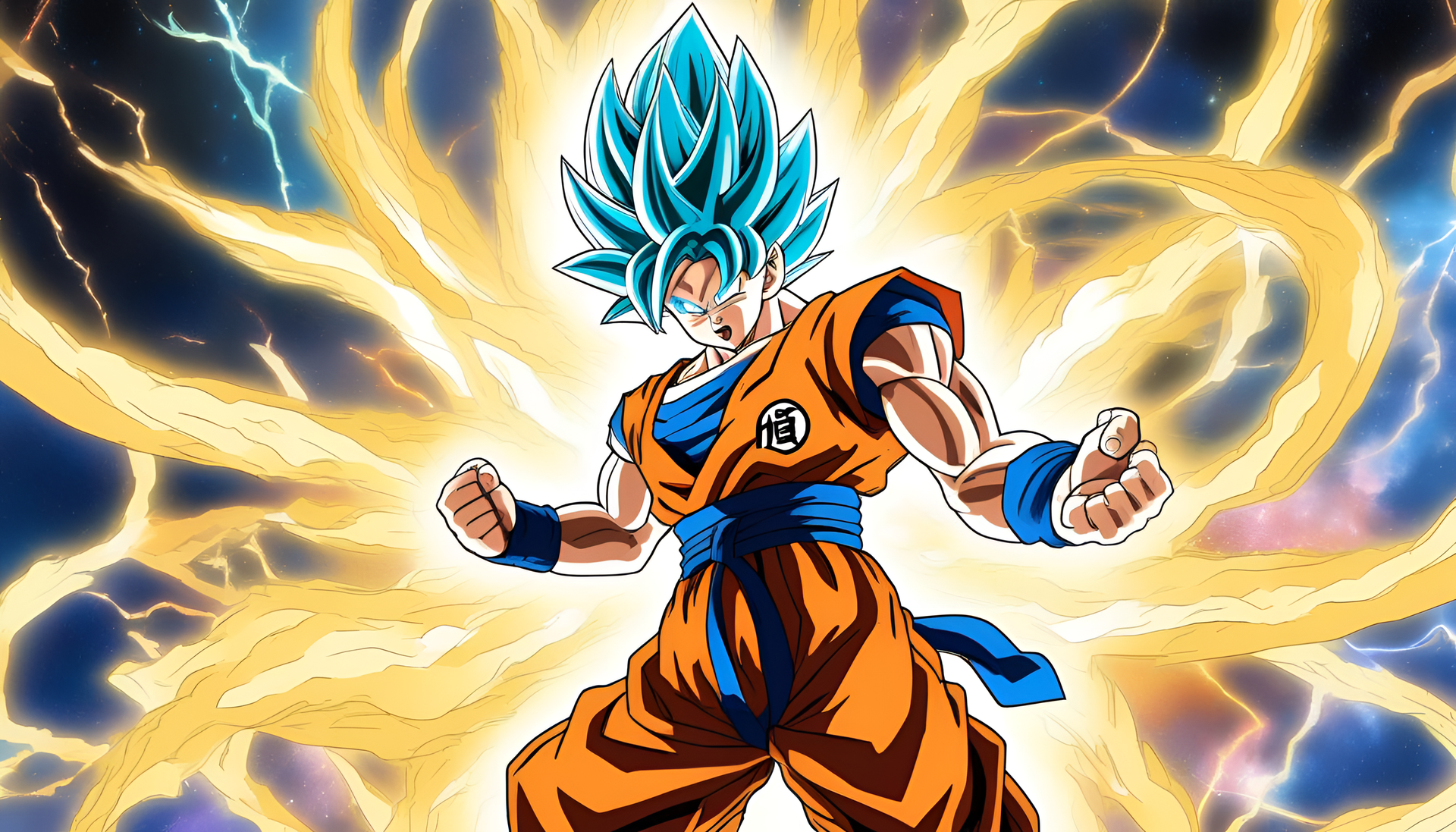 Transcendent Goku radiates power in dynamic stance, ready for battle.