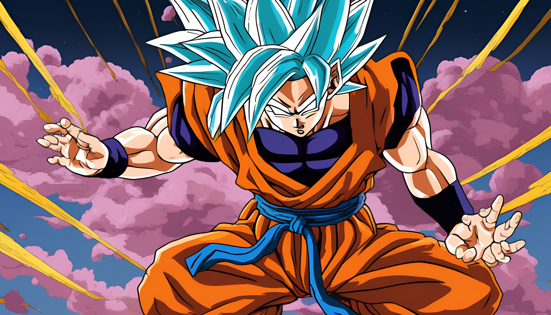 Surreal depiction of Goku in a dynamic pose against a vibrant background.