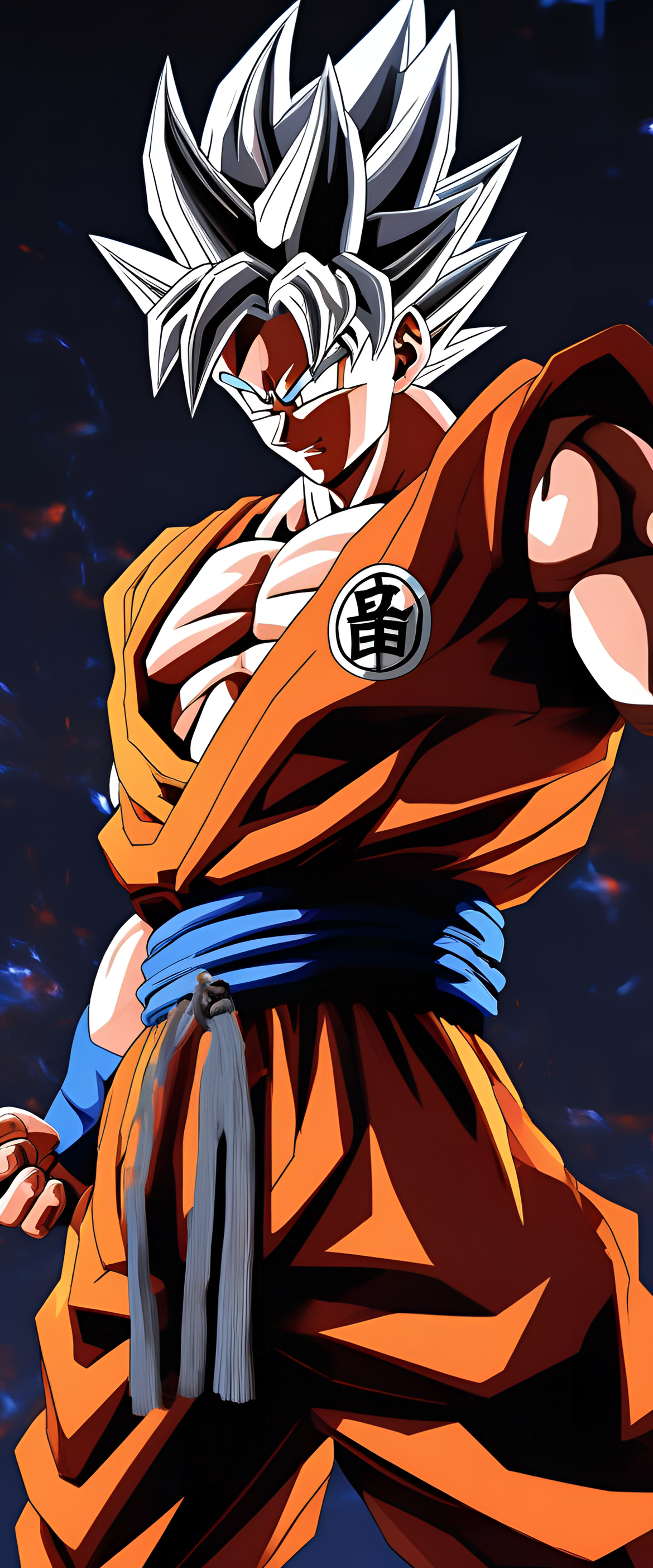 Goku in vibrant colors, displaying Ultra Instinct in an RPG-inspired phone wallpaper.