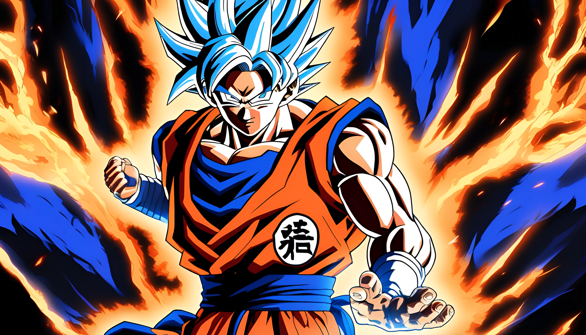 Fierce and powerful warrior in blue and orange colors, Goku in his Ultra Instinct form.