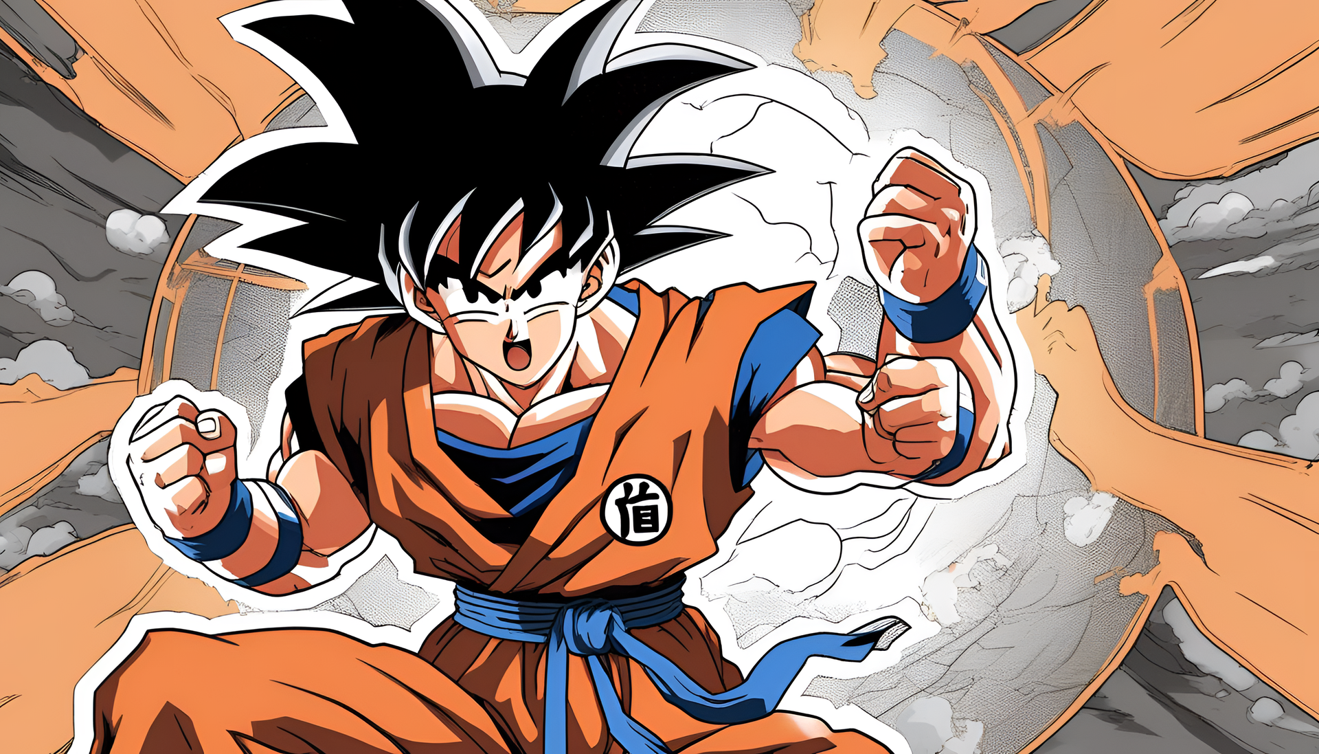 Powerful Goku with intense energy, surrounded by vibrant colors and dynamic motion.