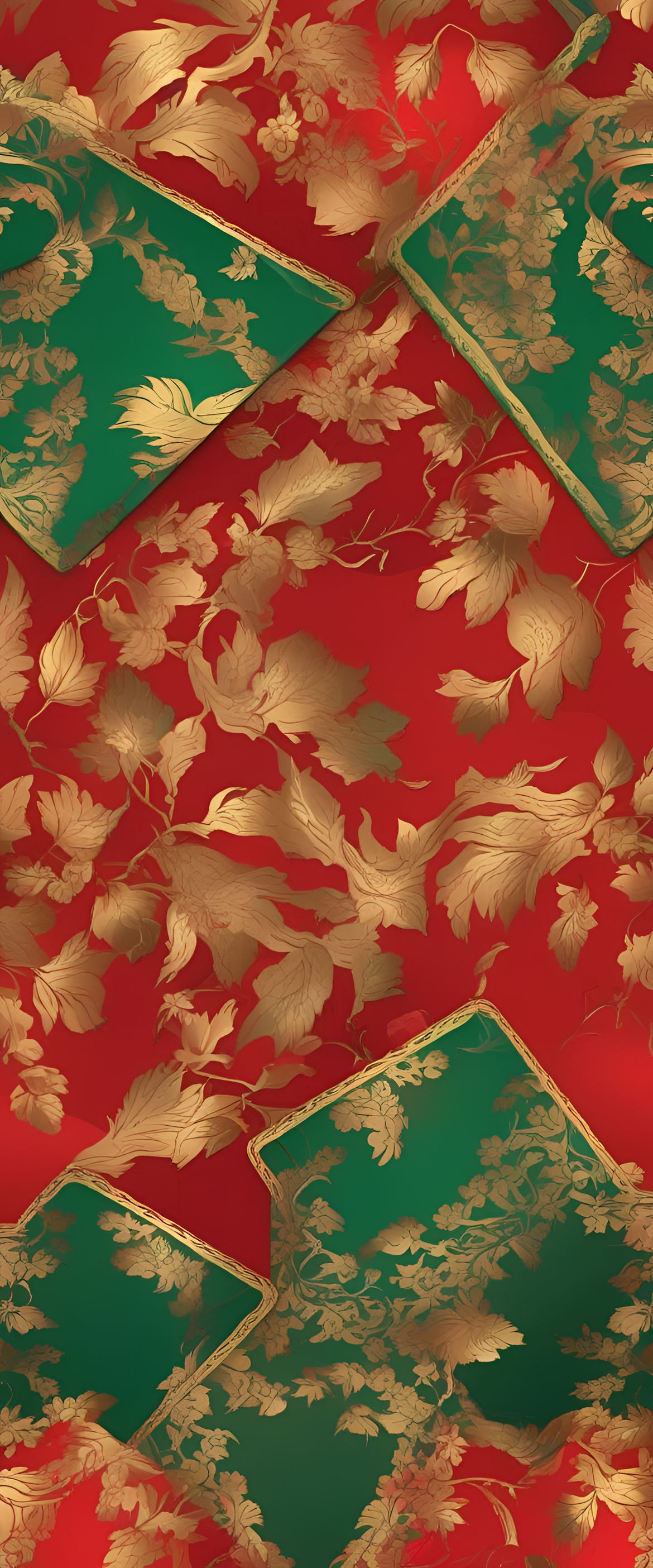 Abstract gold background with vibrant red and green hues.