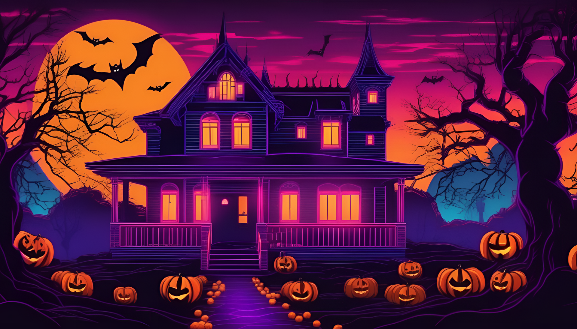 Intricate retrowave Halloween wallpaper.