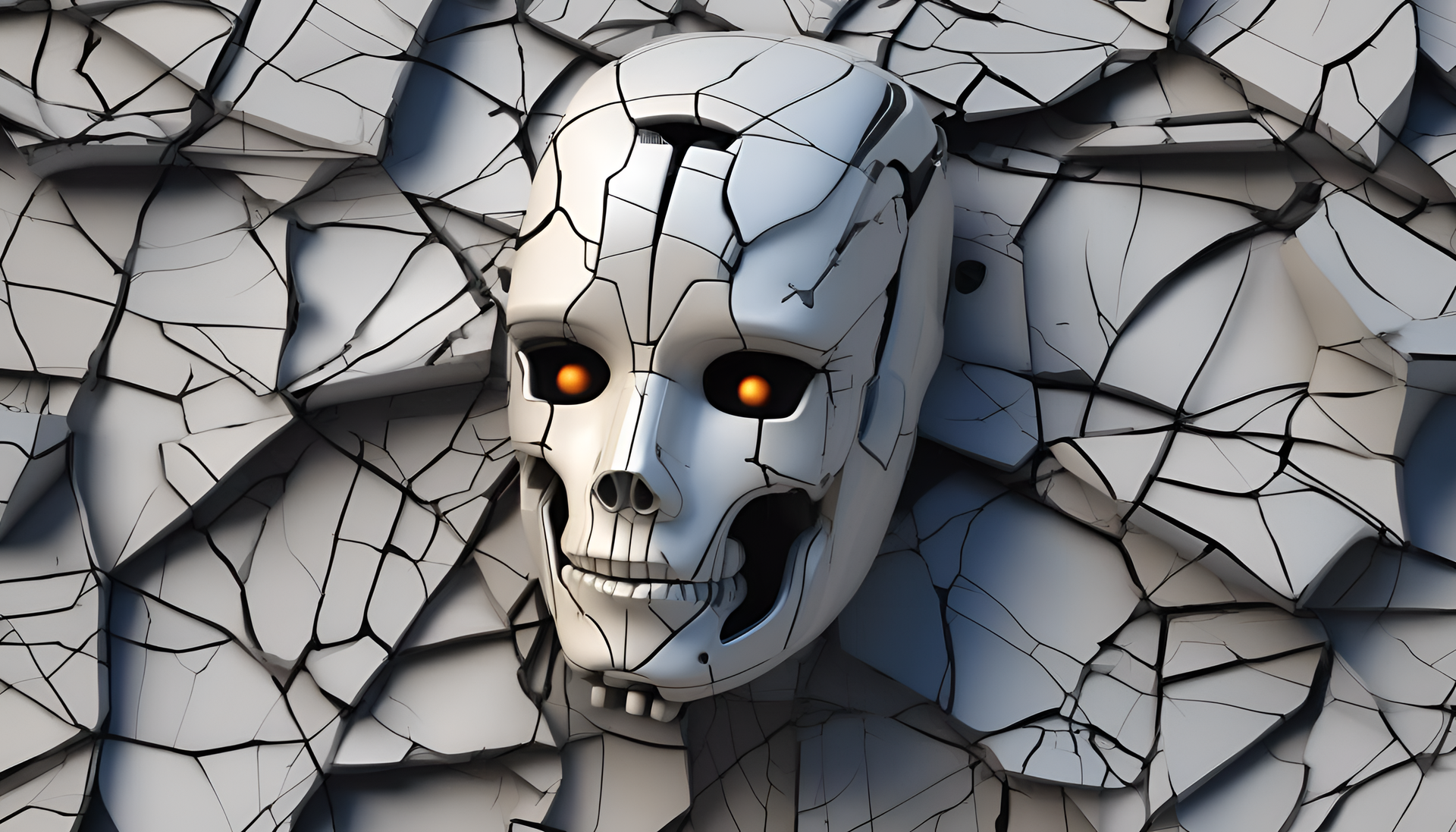 Cracked robotic sculpture on a Halloween-themed background.