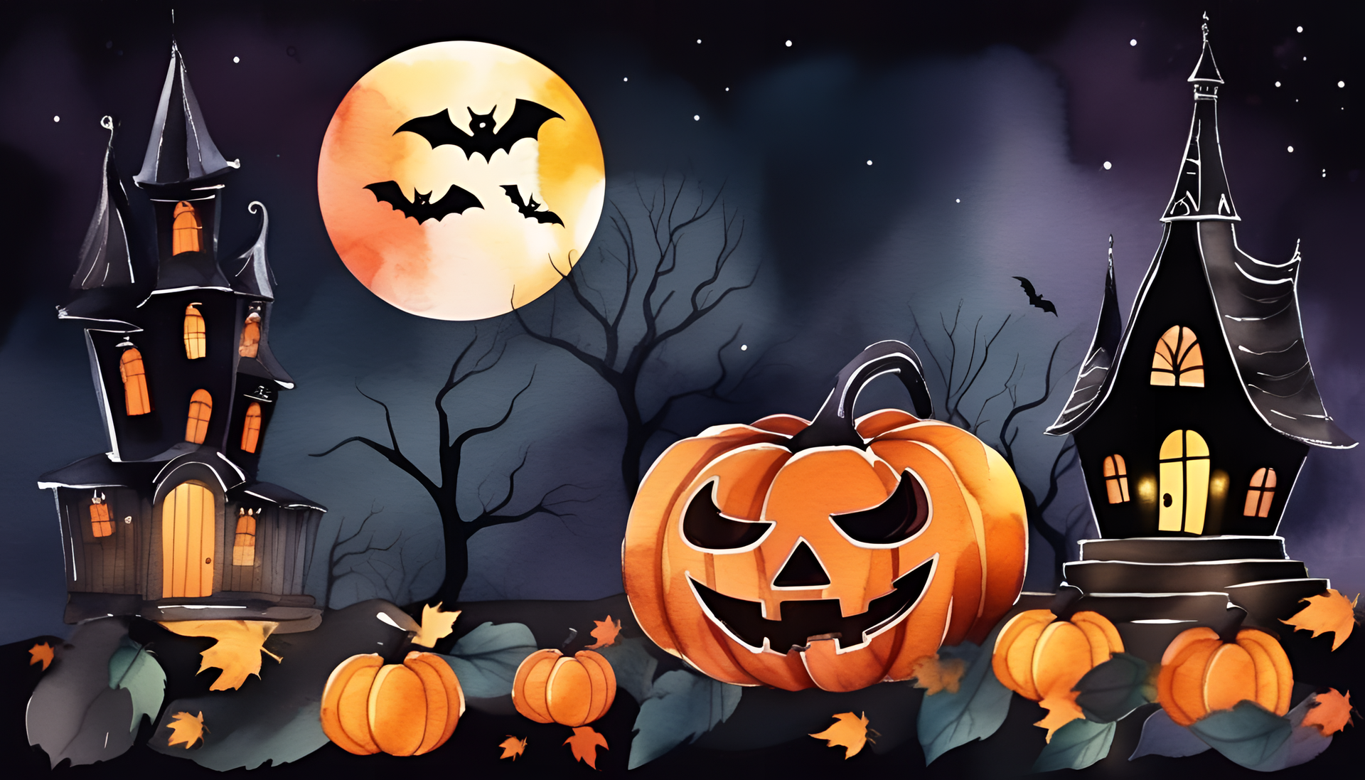 Halloween watercolor background with vibrant colors.