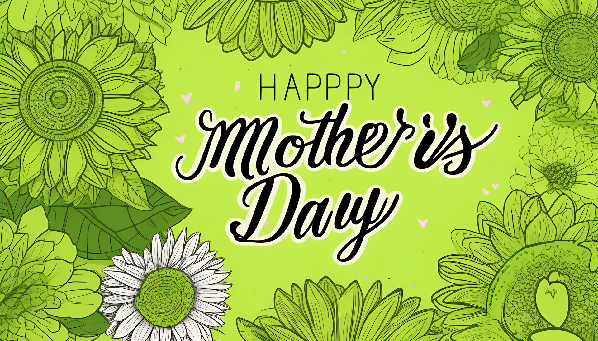 Colorful flowers and text expressing 'Happy Mother's Day' on a vibrant acid green background.